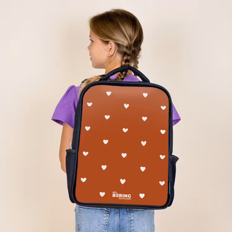 Kids backpack - Black - White heart pattern on orange brown background — 4