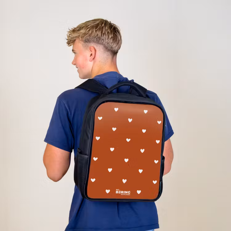 Kids backpack - Black - White heart pattern on orange brown background — 5