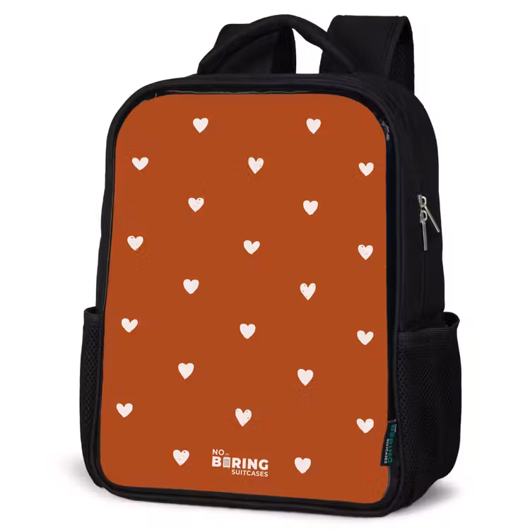 Kids backpack - Black - White heart pattern on orange brown background — 6