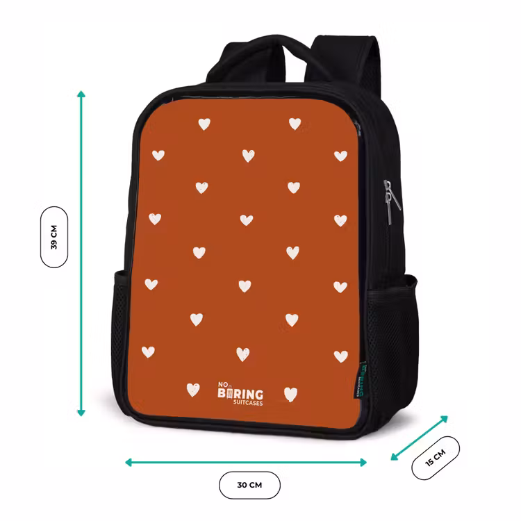 Kids backpack - Black - White heart pattern on orange brown background — 8
