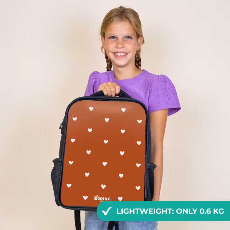 Kids backpack - Black - White heart pattern on orange brown background — 9
