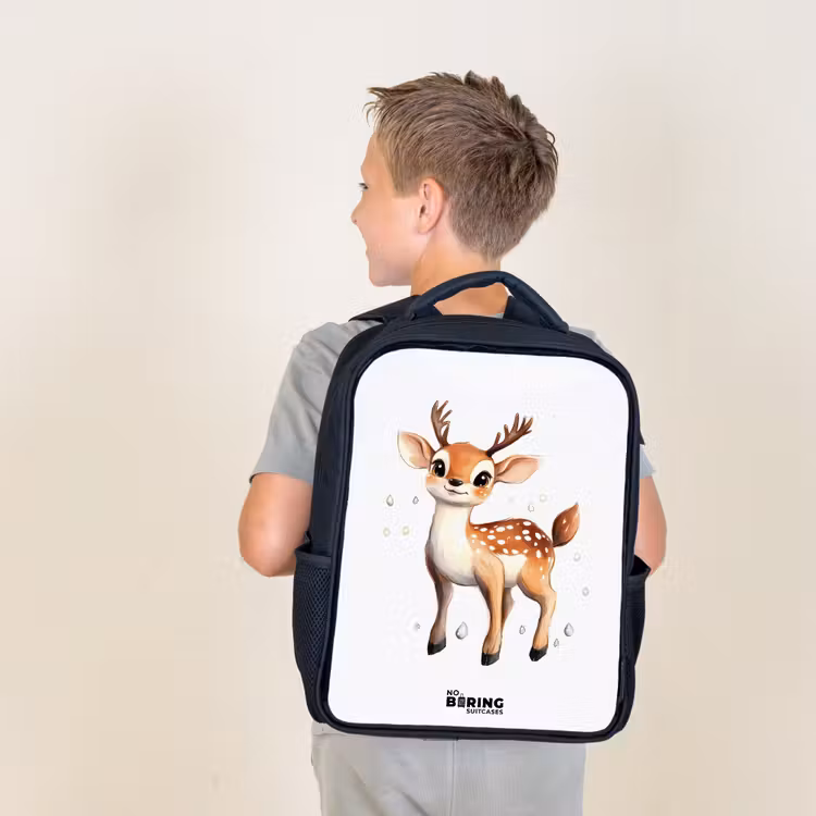 Kids backpack - Black - Young deer with antlers and white dots — 2