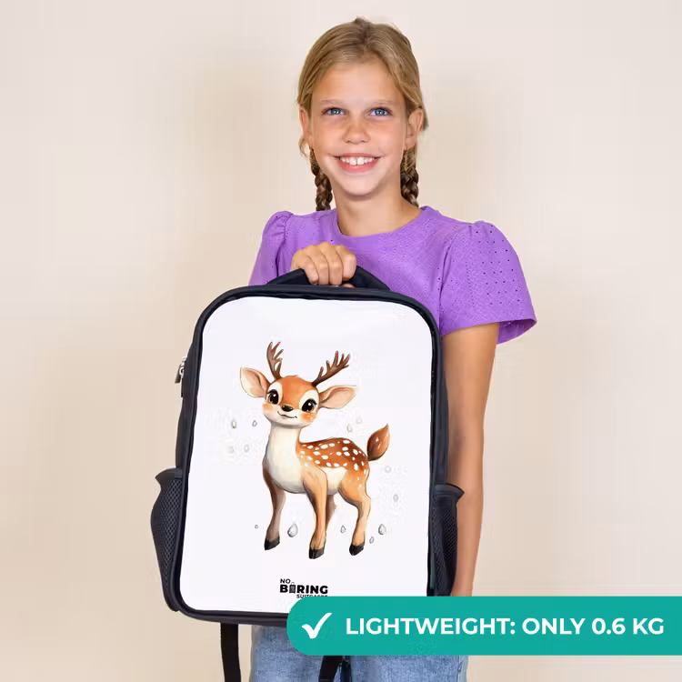 Kids backpack - Black - Young deer with antlers and white dots — 9