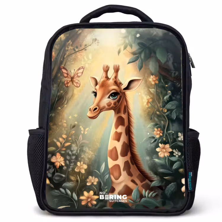 Kids backpack - Black - Young giraffe among flowers in sunny forest — 1