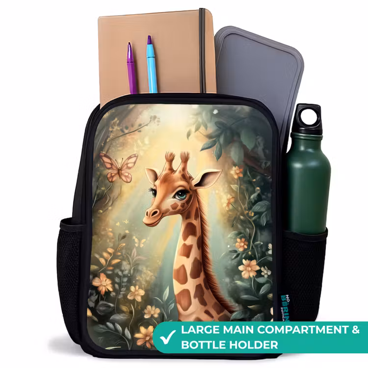 Kids backpack - Black - Young giraffe among flowers in sunny forest — 10