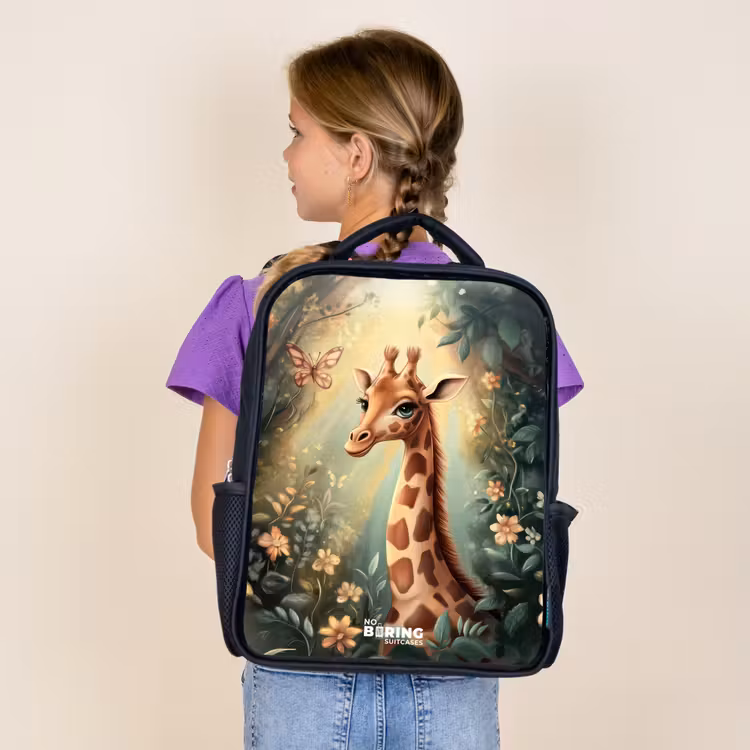 Kids backpack - Black - Young giraffe among flowers in sunny forest — 4