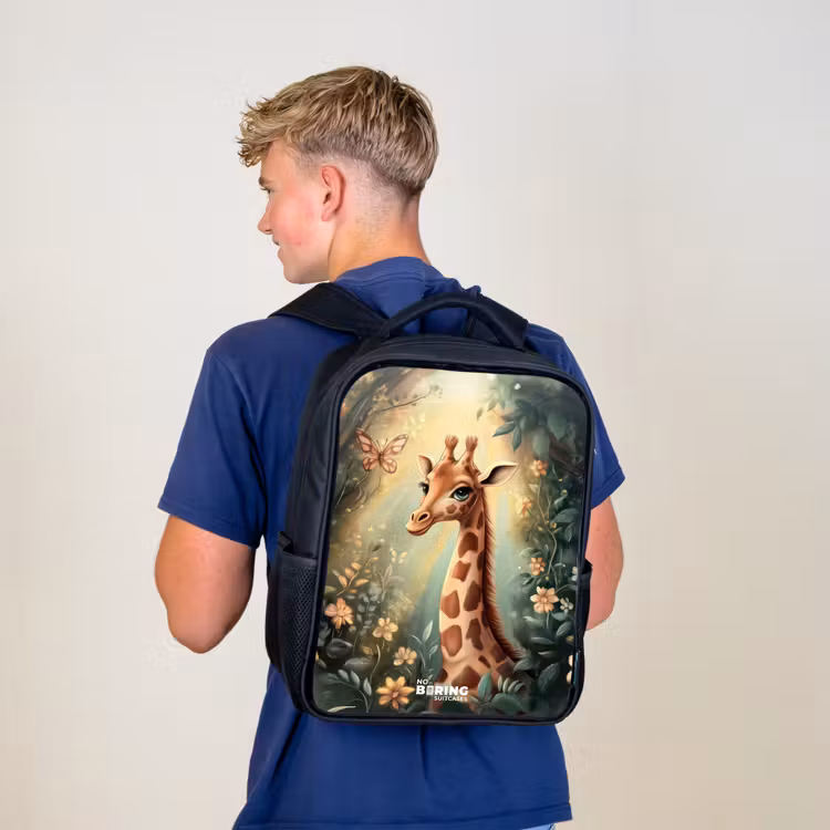Kids backpack - Black - Young giraffe among flowers in sunny forest — 5