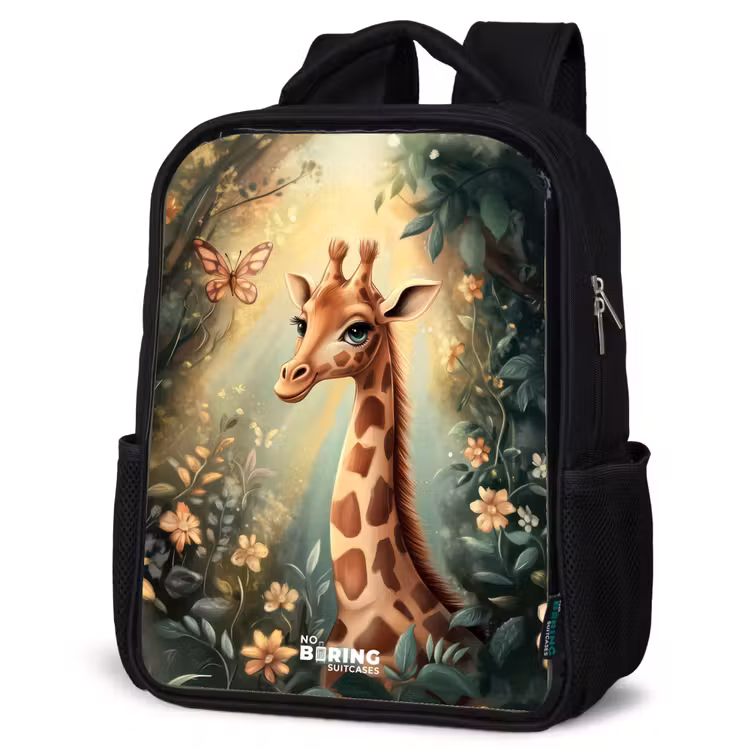 Kids backpack - Black - Young giraffe among flowers in sunny forest — 6