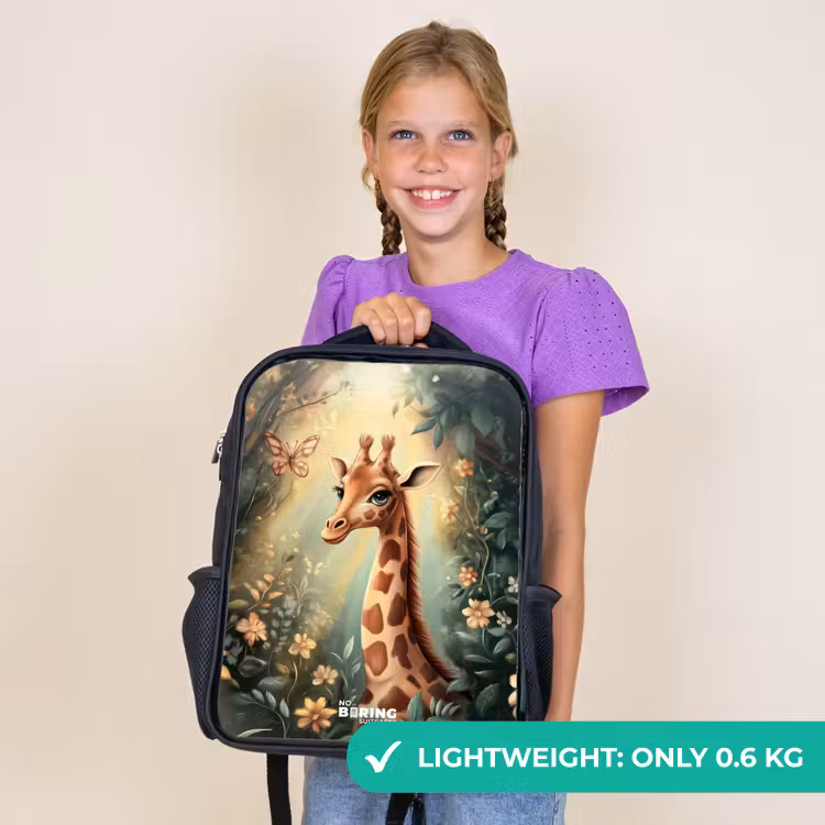 Kids backpack - Black - Young giraffe among flowers in sunny forest — 9
