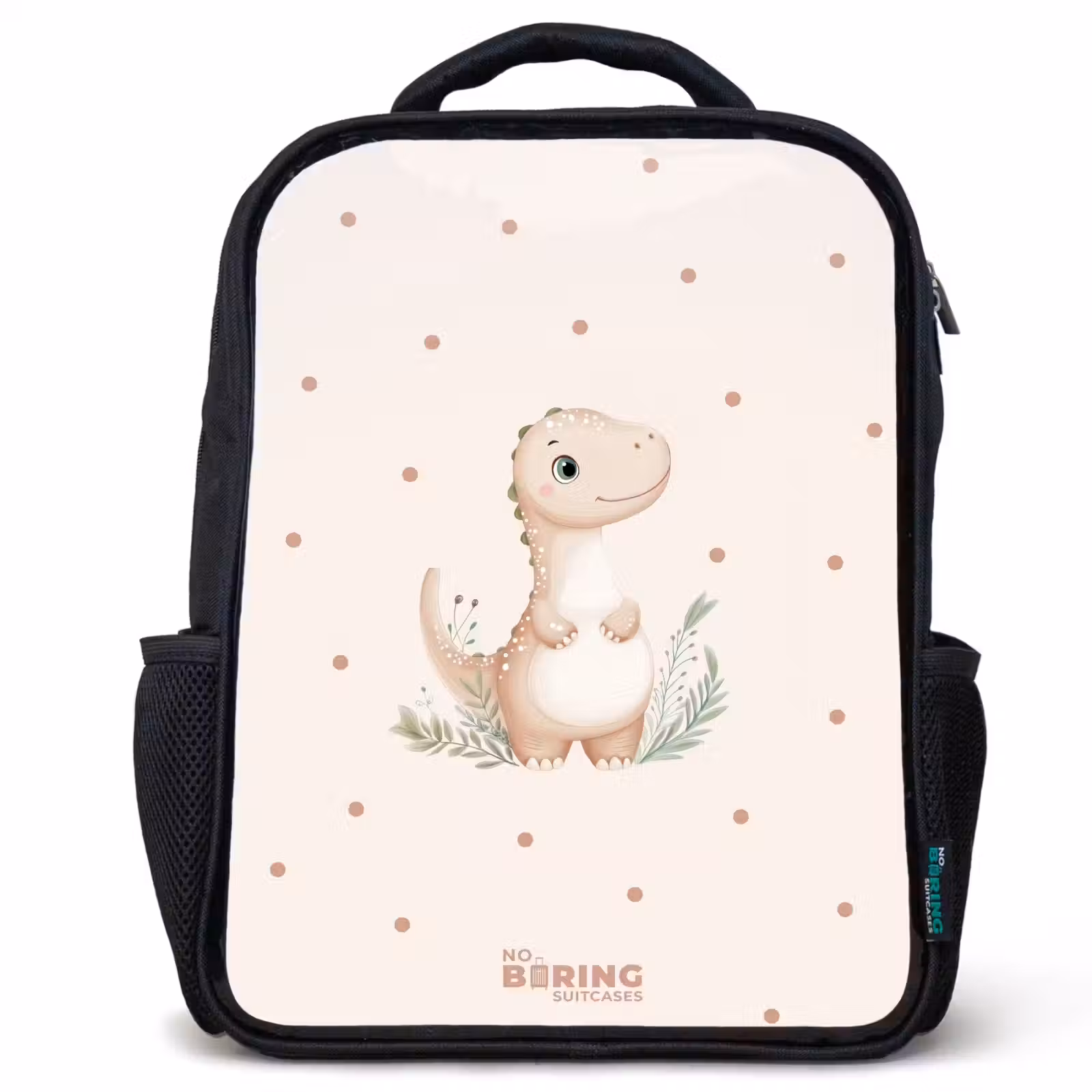 Kids backpack - Black - Beige dino on a polka dot background — 1