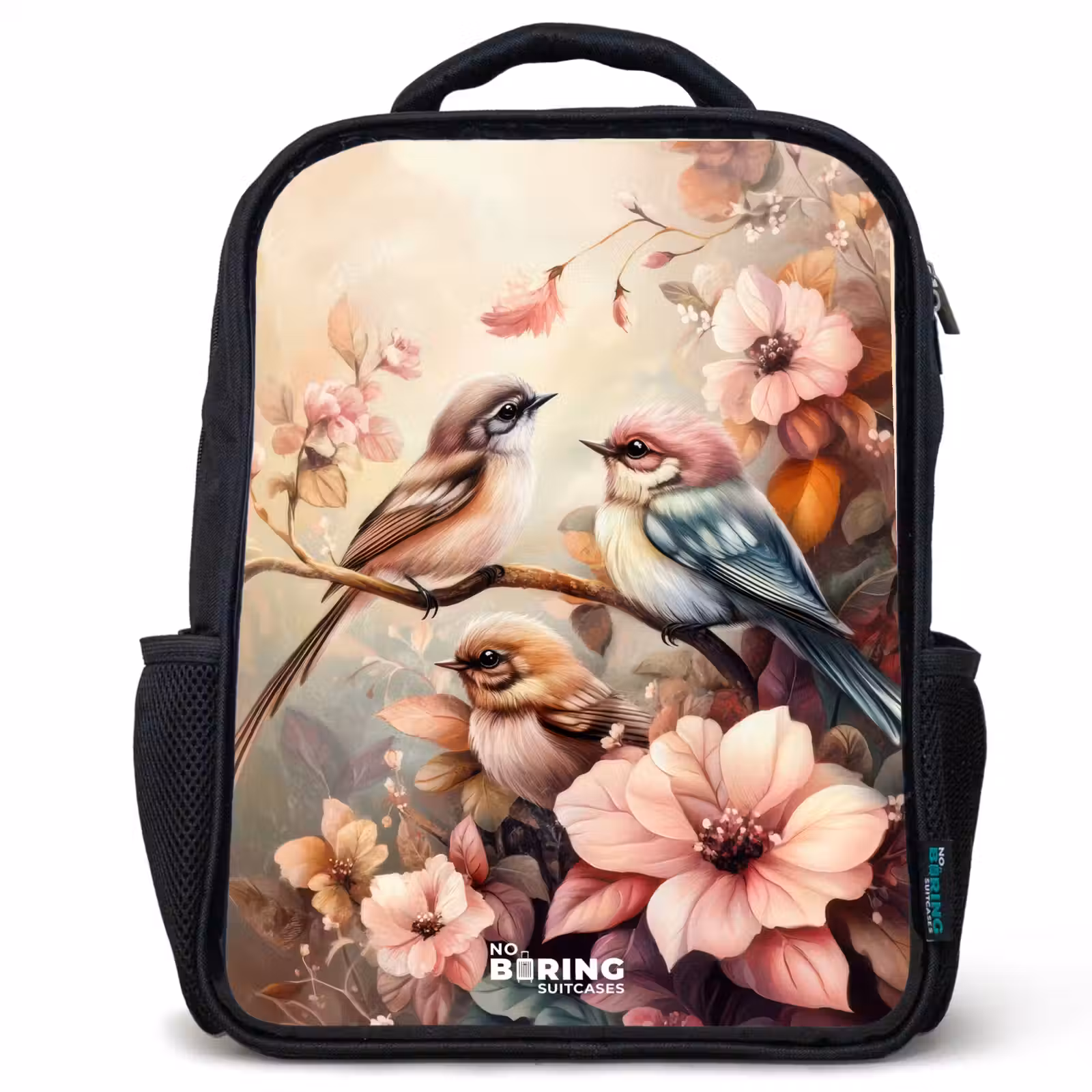Kids backpack - Black - Birds with pink flowers — 1