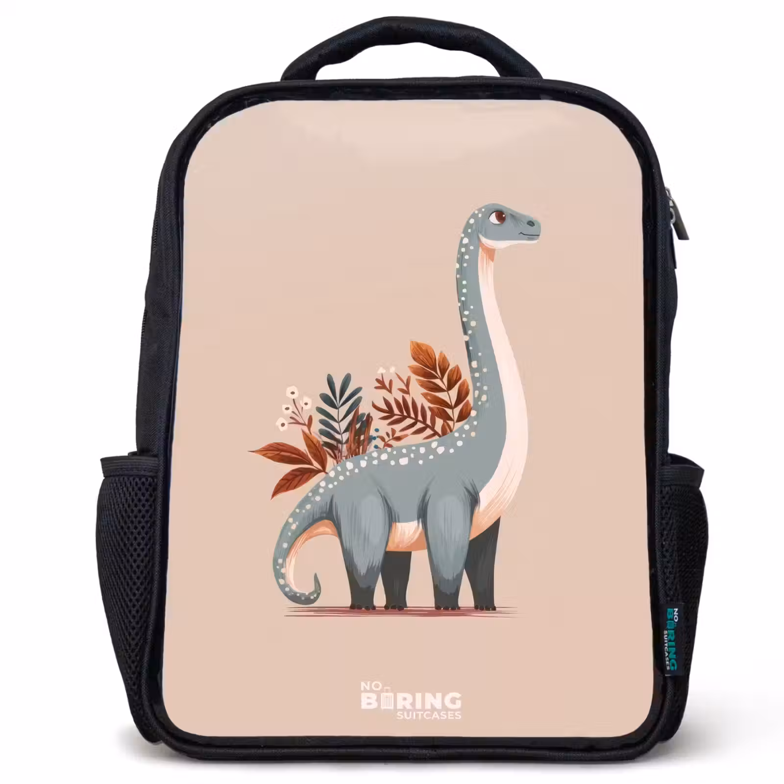 Kids backpack - Black - Blue dinosaur on a beige background — 1