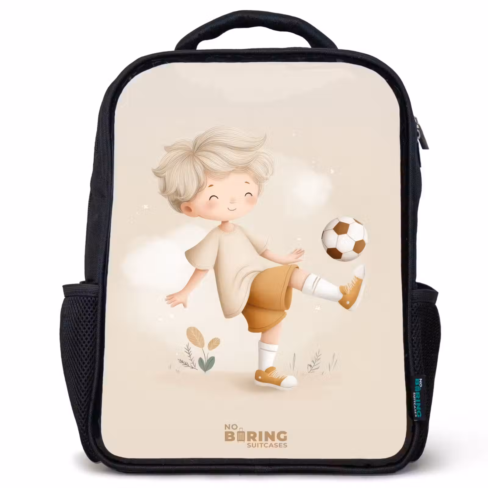 Kids backpack - Black - Boy with a soccer ball in beige colors — 1