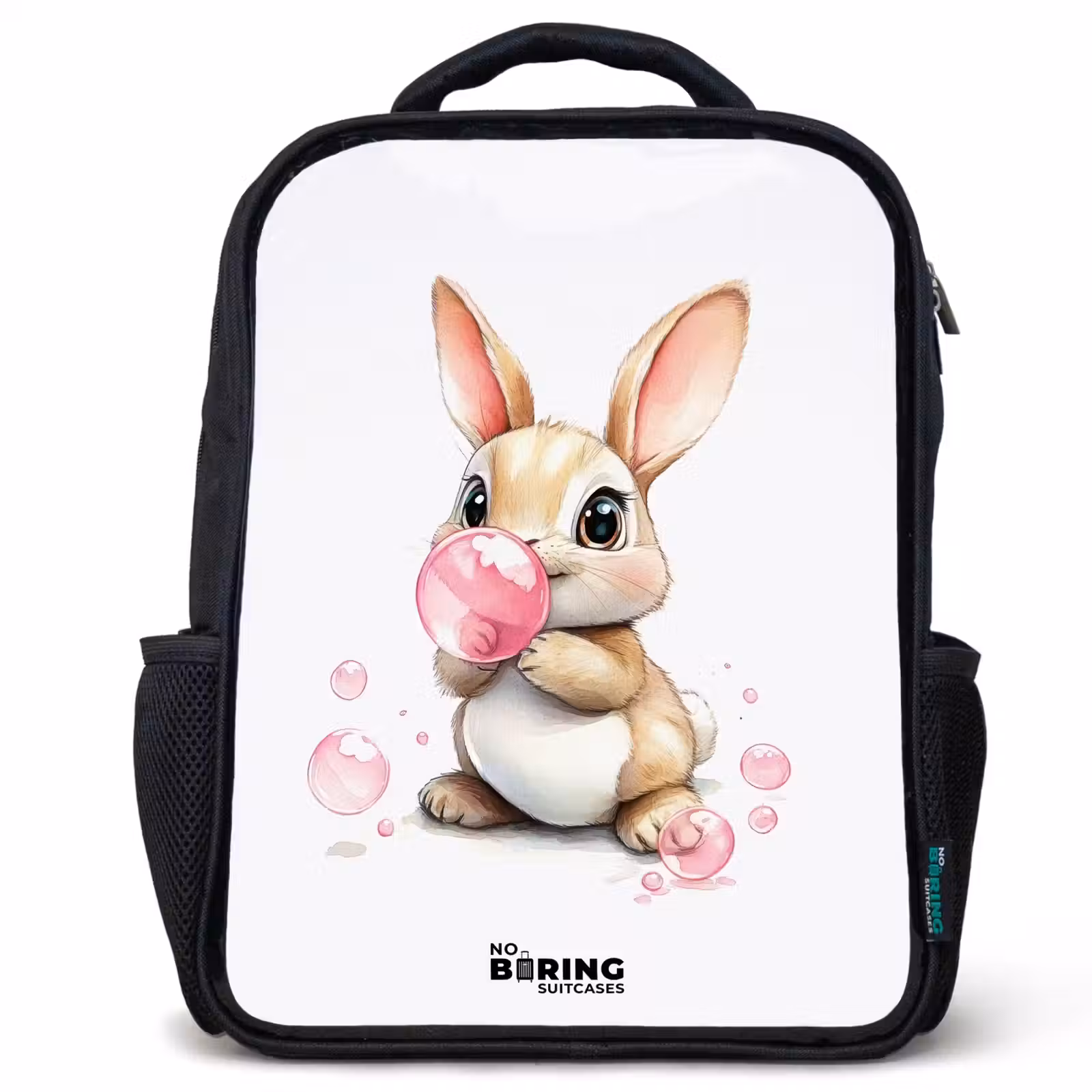 Kids backpack - Black - Brown bunny with pink bubbles — 1