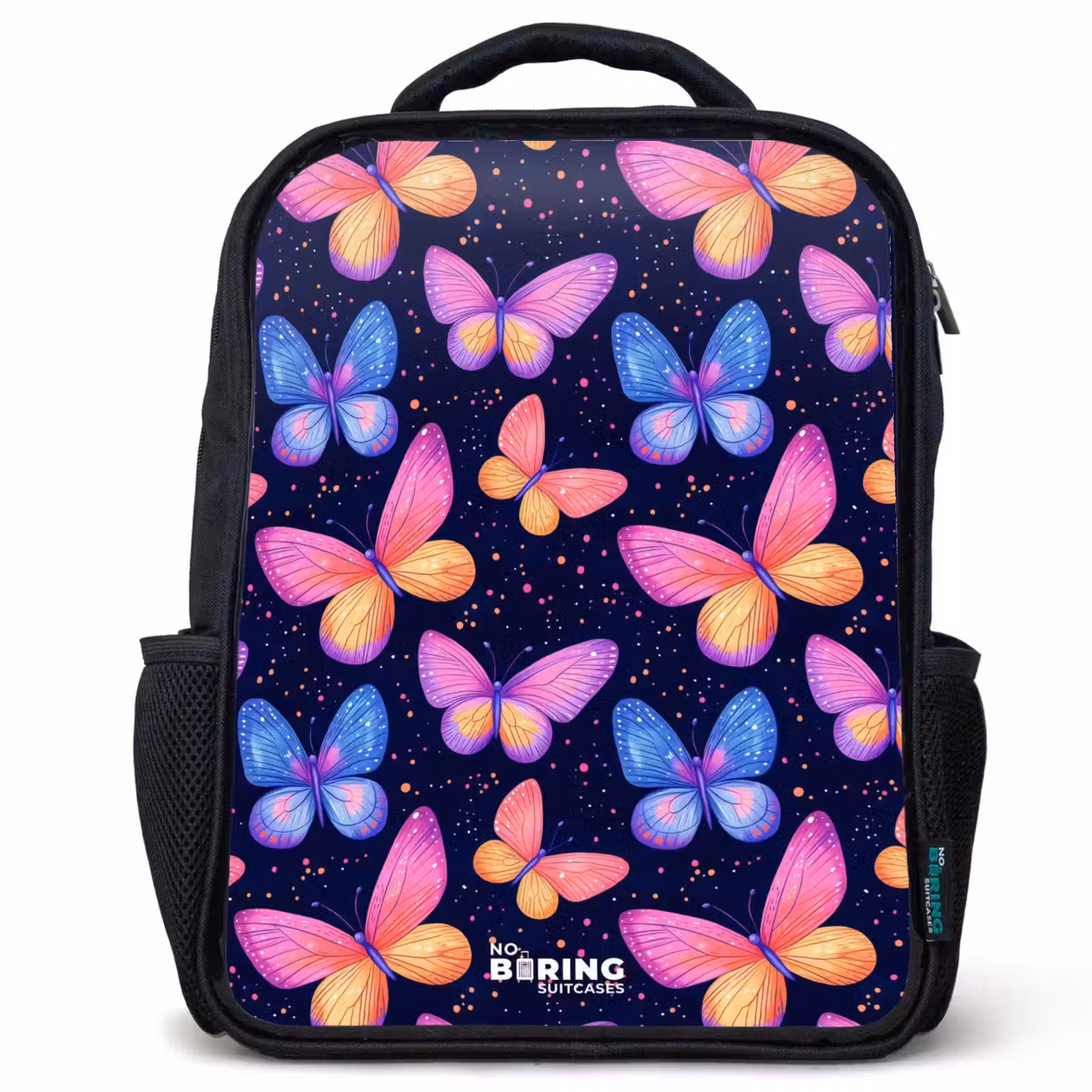 Kids backpack - Black - Colorful butterflies in pink and blue — 1
