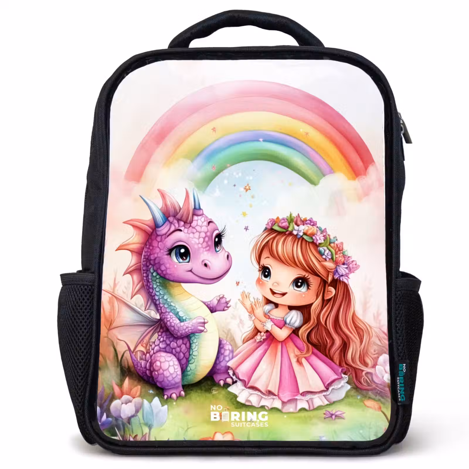 Kids backpack - Black - Girl with purple dragon under rainbow — 1