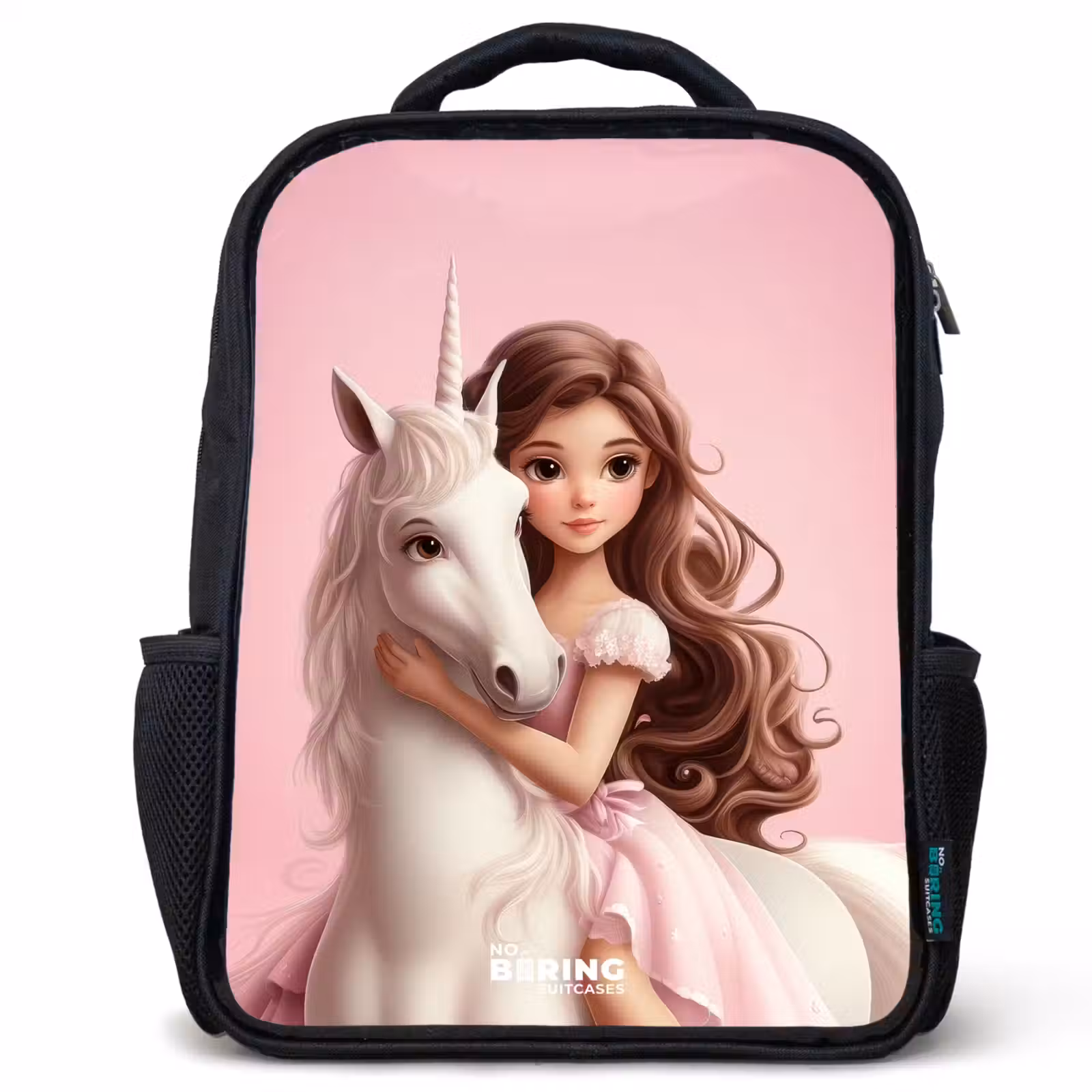 Kids backpack - Black - Girl with white unicorn on pink background — 1