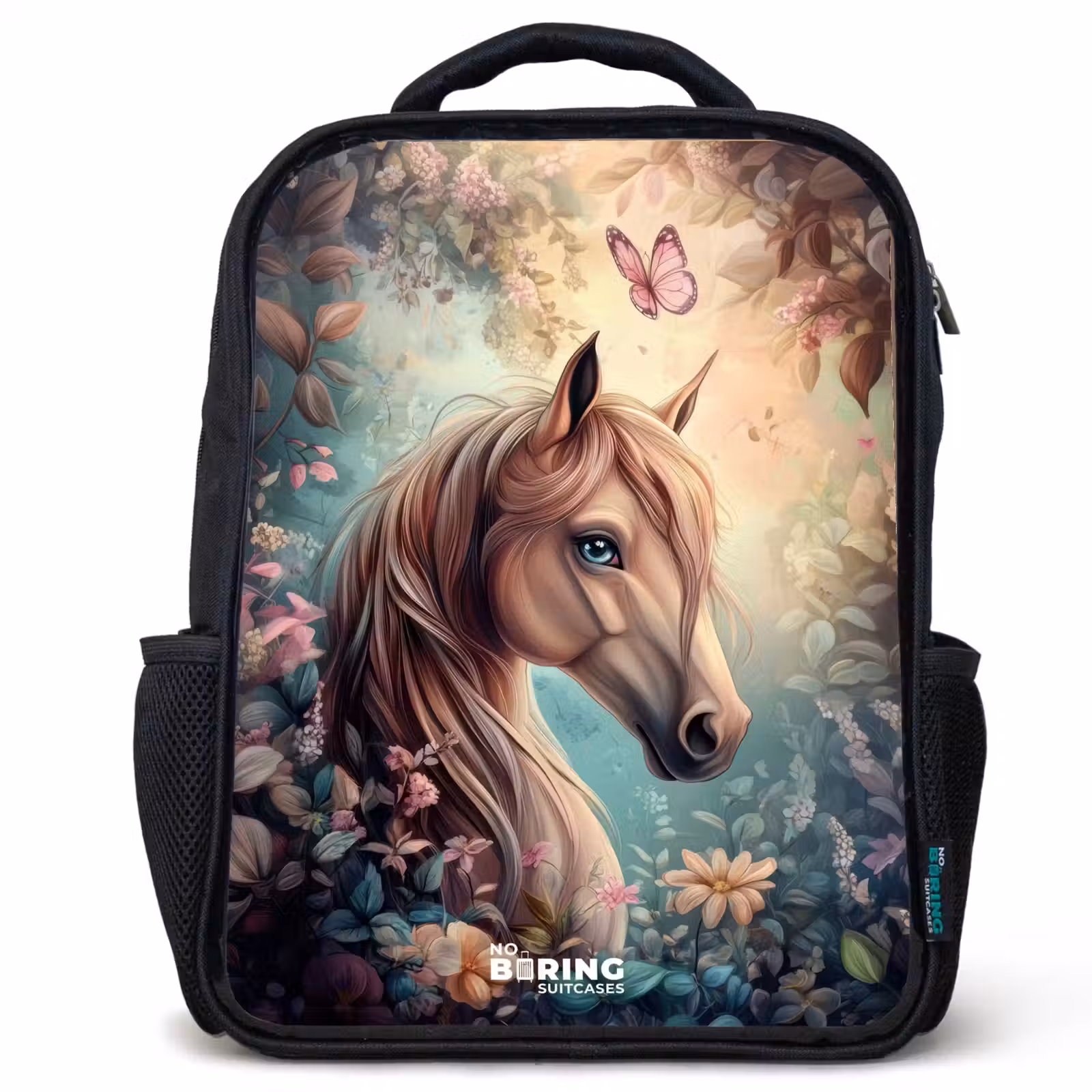 Kids backpack - Black - Horse with butterflies in flower garden — 1