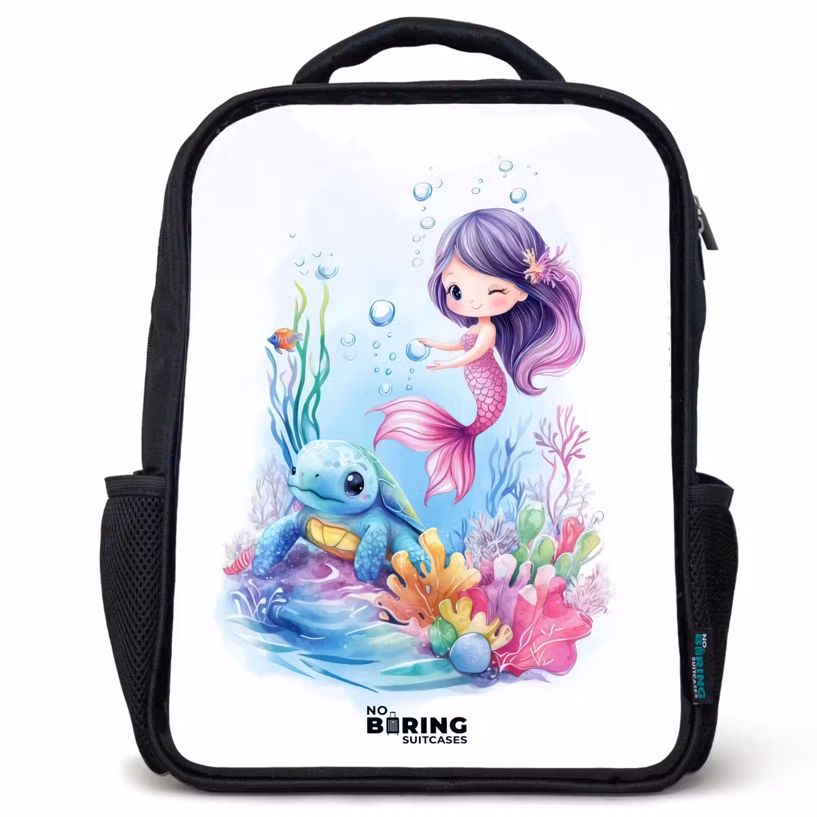 Kids backpack - Black - Mermaid with blue turtle among coral — 1