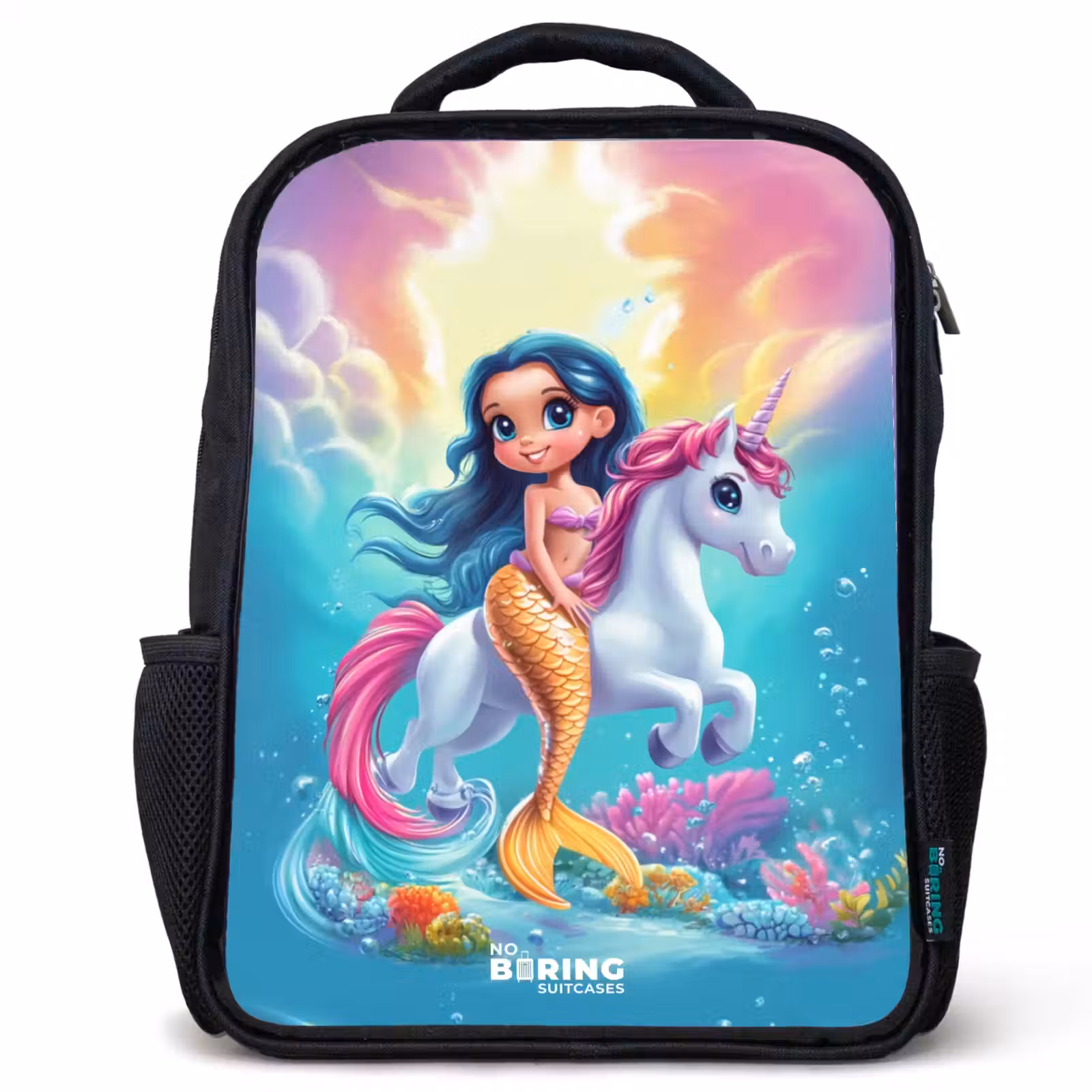 Kids backpack - Black - Mermaid with golden tail with a white unicorn — 1