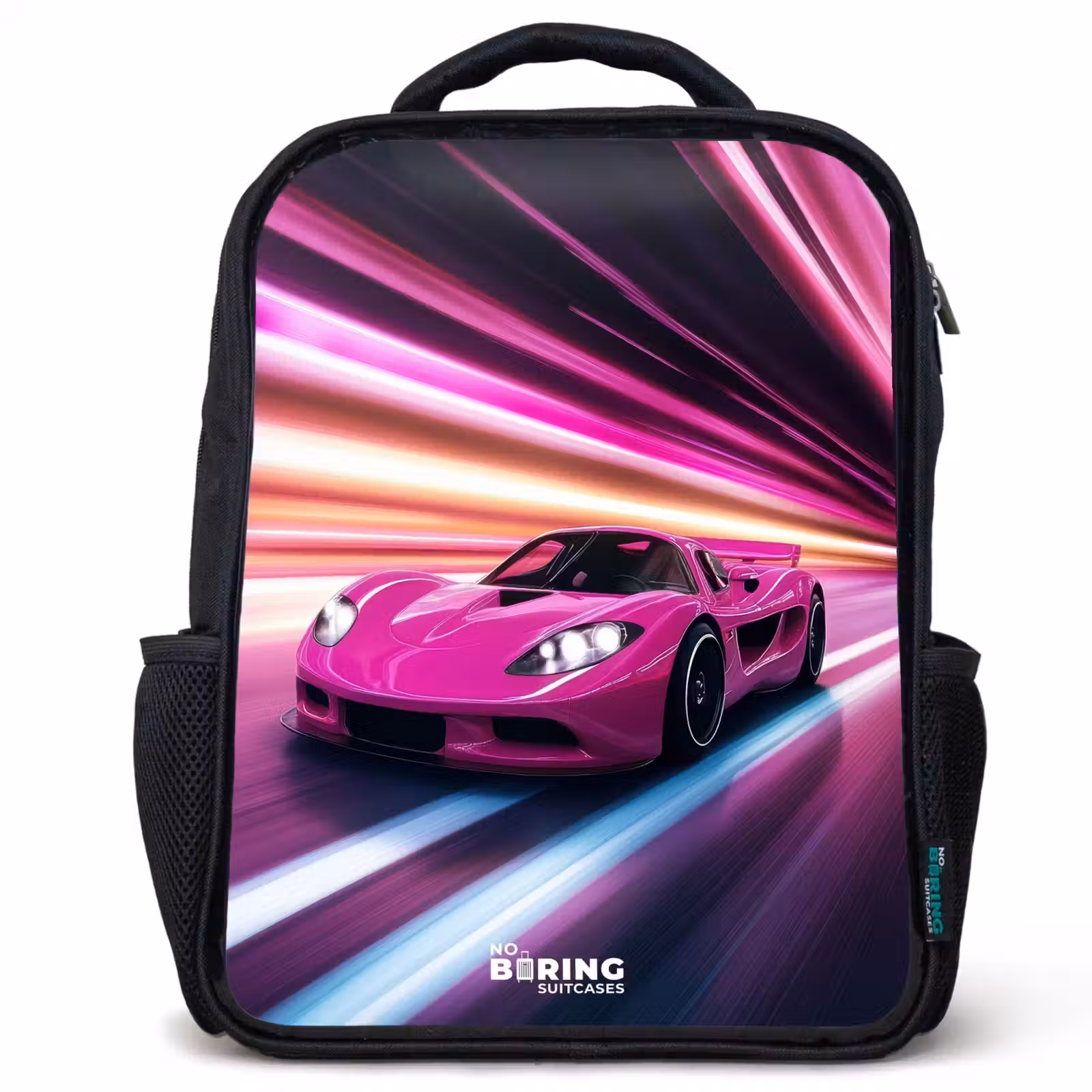 Kids backpack - Black - Pink race car flashes through neon light — 1