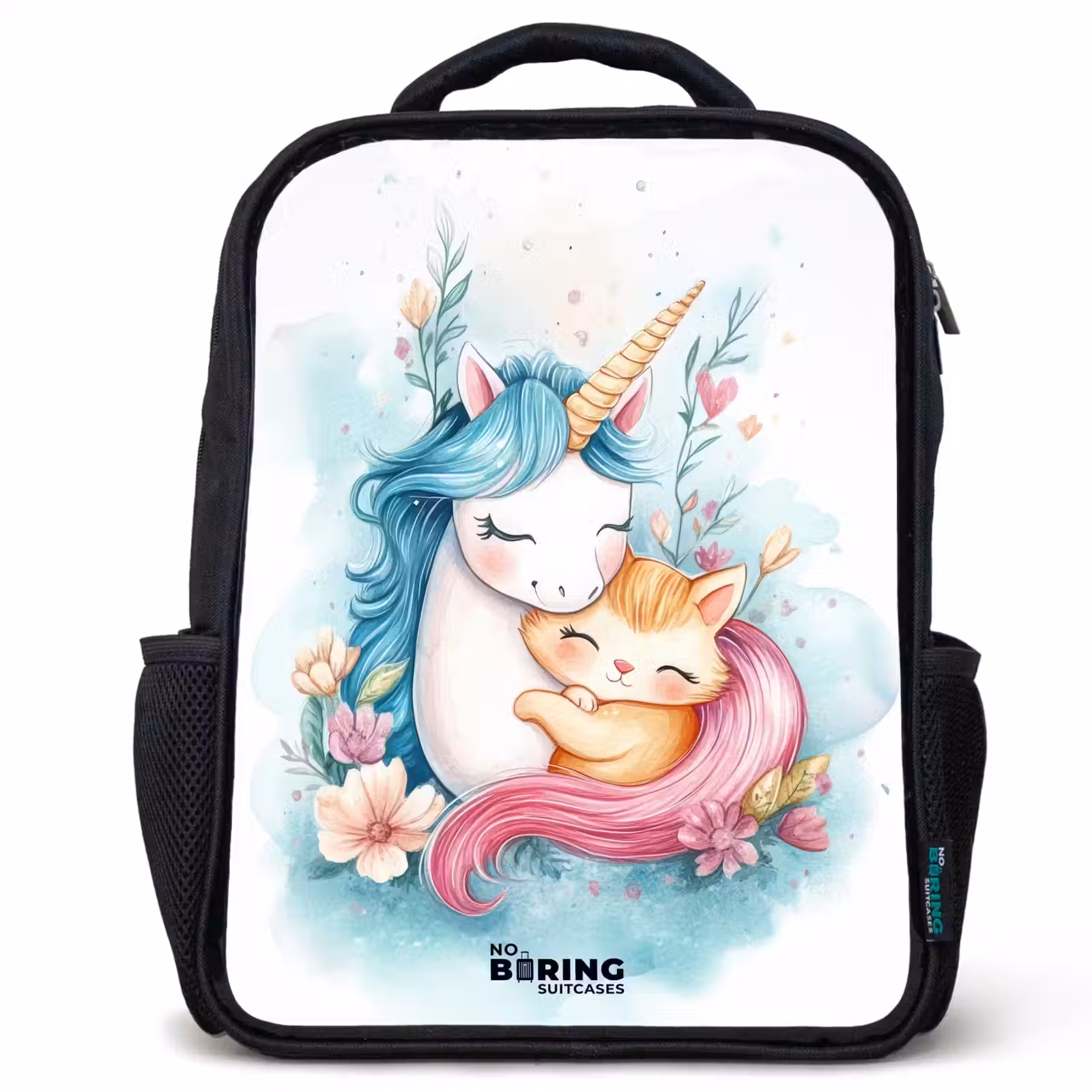 Kids backpack - Black - Unicorn with blue mane and orange kitten — 1
