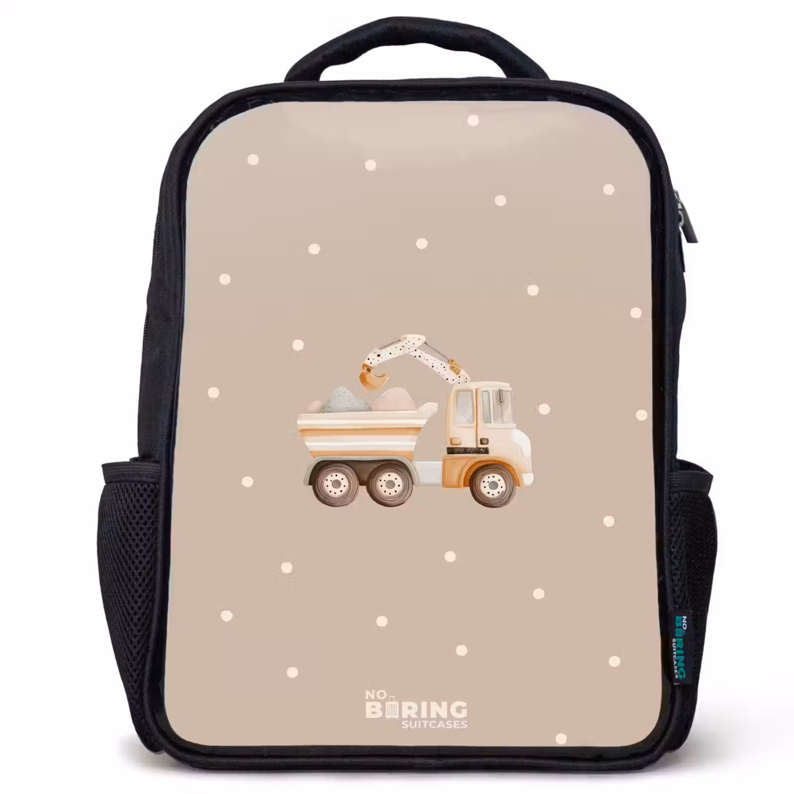 Kids backpack - Black - Yellow dump truck with stones and dot pattern — 1