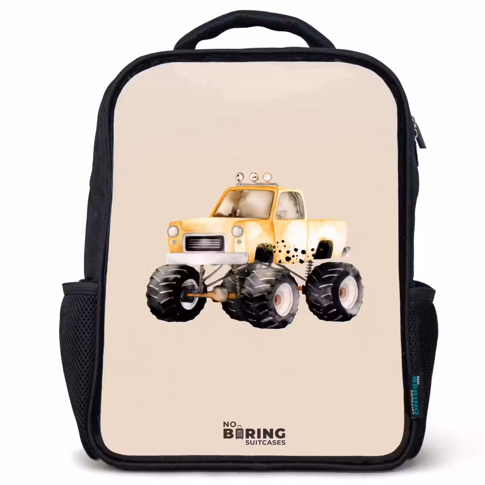 Kids backpack - Black - Yellow monster truck on a beige background — 1