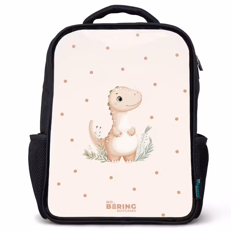 Kids backpack - Black - Beige dino on a polka dot background — 1