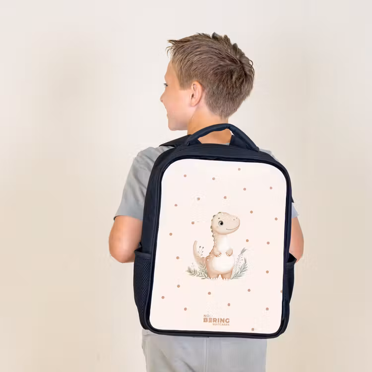 Kids backpack - Black - Beige dino on a polka dot background — 2