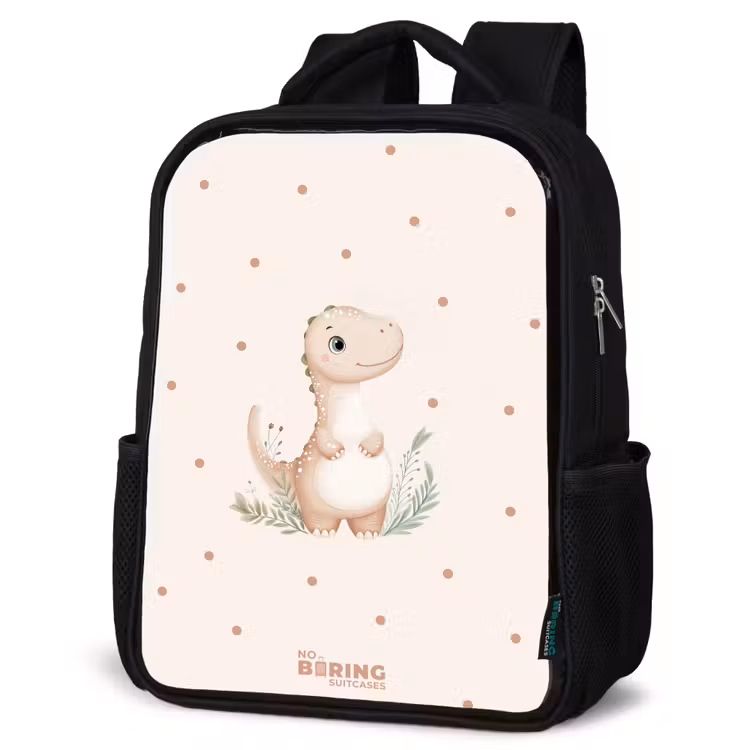 Kids backpack - Black - Beige dino on a polka dot background — 6