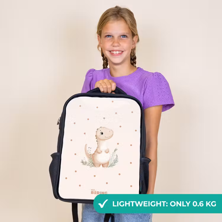 Kids backpack - Black - Beige dino on a polka dot background — 9