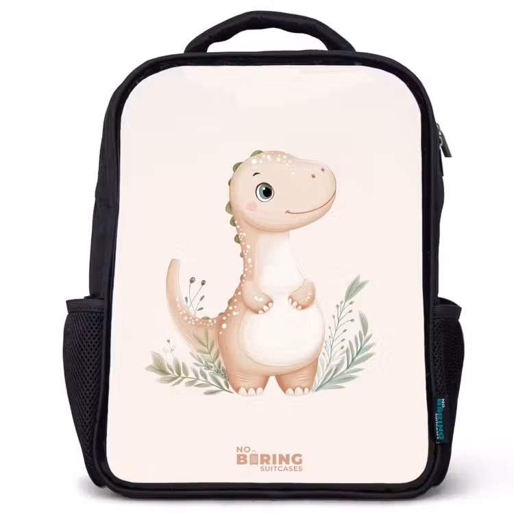 Kids backpack - Black - Beige dinosaur with green leaves — 1