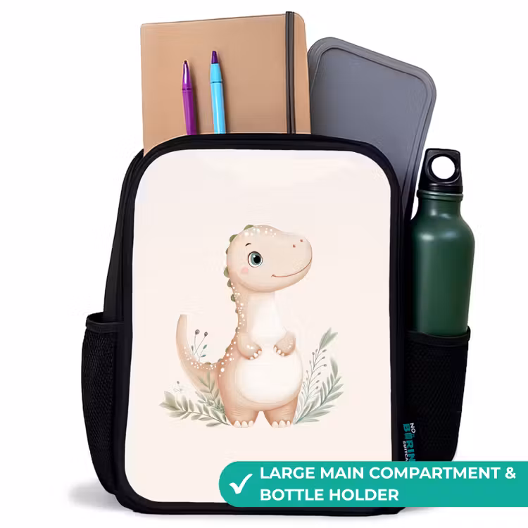 Kids backpack - Black - Beige dinosaur with green leaves — 10