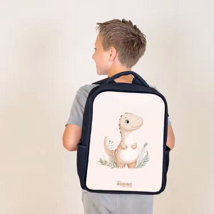 Kids backpack - Black - Beige dinosaur with green leaves — 2