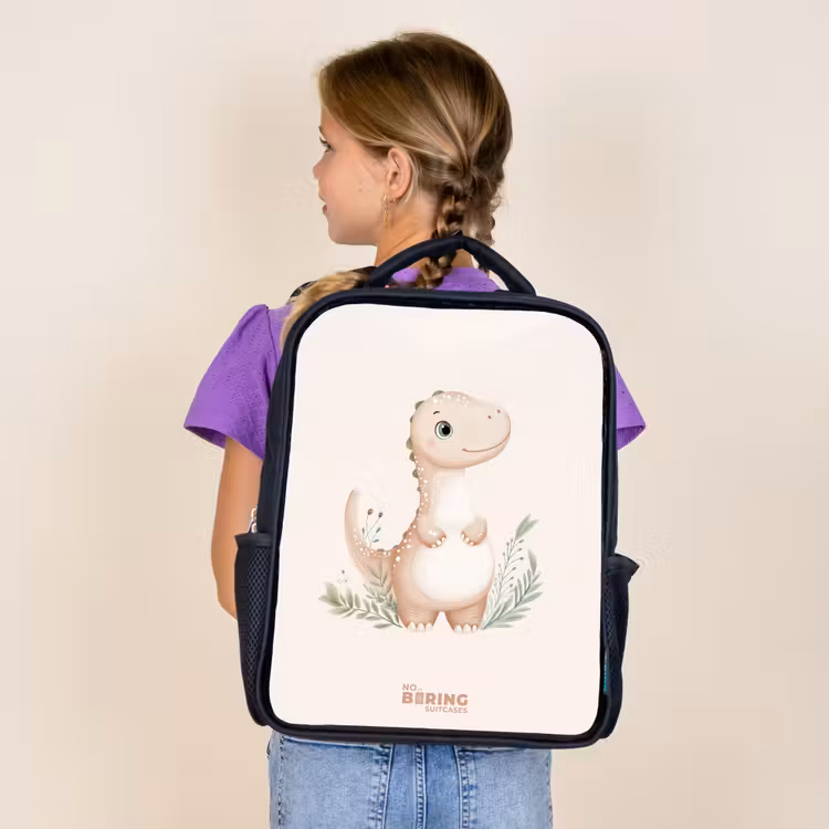 Kids backpack - Black - Beige dinosaur with green leaves — 4