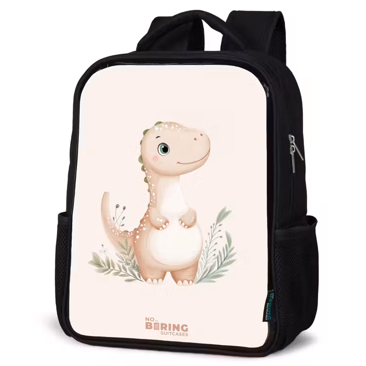 Kids backpack - Black - Beige dinosaur with green leaves — 6