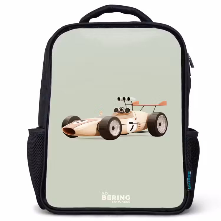 Kids backpack - Black - Beige retro race car on green background — 1