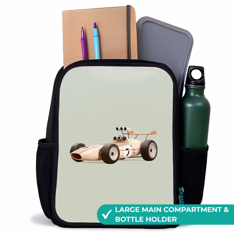 Kids backpack - Black - Beige retro race car on green background — 10