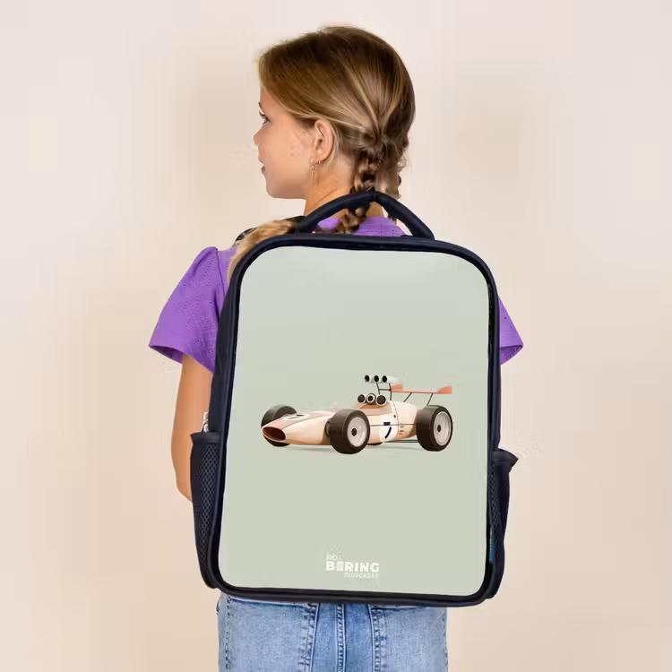 Kids backpack - Black - Beige retro race car on green background — 4