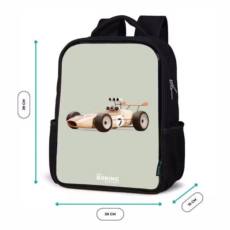 Kids backpack - Black - Beige retro race car on green background — 8