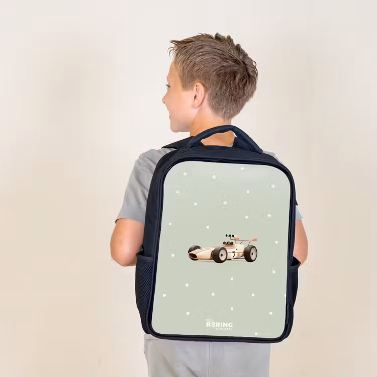 Kids backpack - Black - Beige retro race car on green polka dots background — 2
