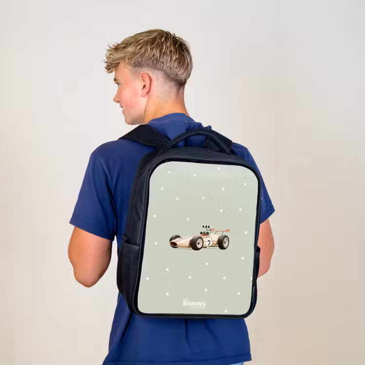 Kids backpack - Black - Beige retro race car on green polka dots background — 5