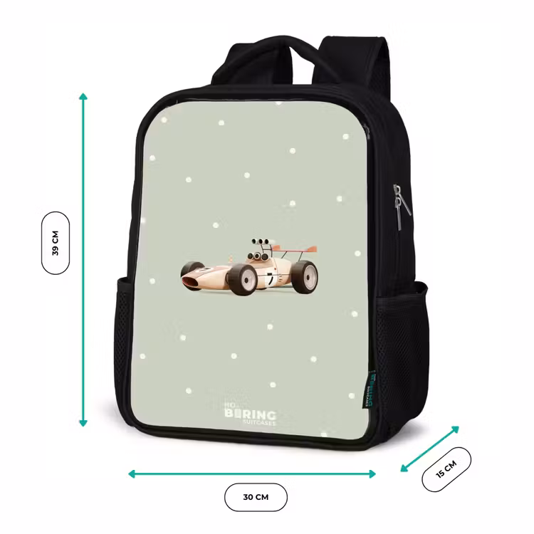Kids backpack - Black - Beige retro race car on green polka dots background — 8