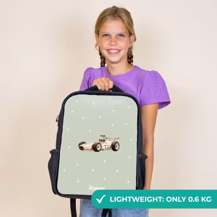 Kids backpack - Black - Beige retro race car on green polka dots background — 9