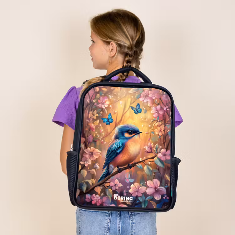 Kids backpack - Black - Bird with butterflies in colorful forest. — 4