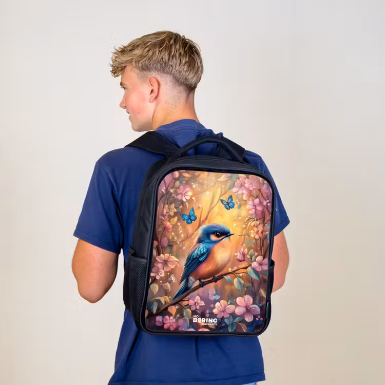 Kids backpack - Black - Bird with butterflies in colorful forest. — 5