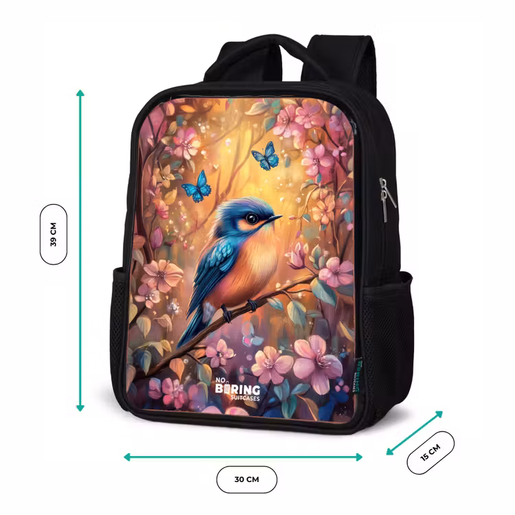 Kids backpack - Black - Bird with butterflies in colorful forest. — 8