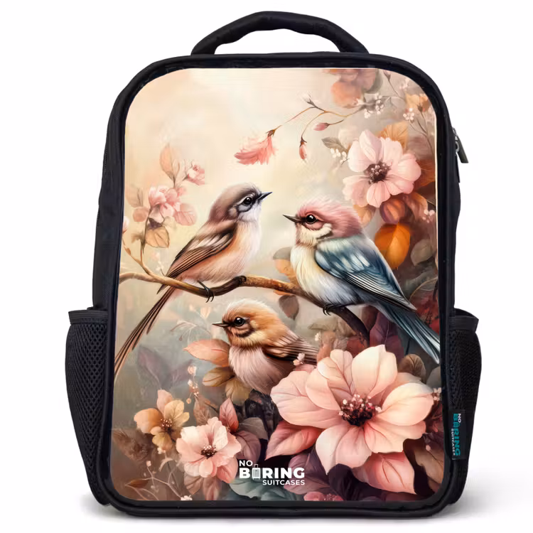 Kids backpack - Black - Birds with pink flowers — 1