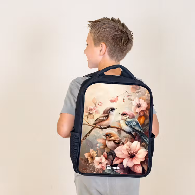 Kids backpack - Black - Birds with pink flowers — 2